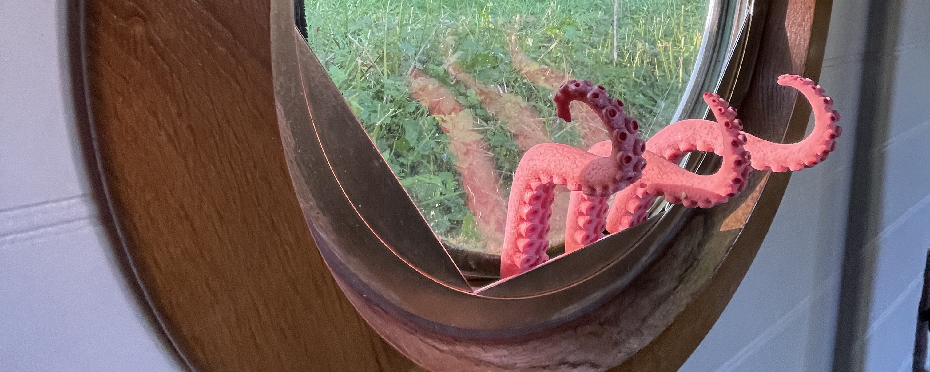 fake tentacles crawling out of a porthole window